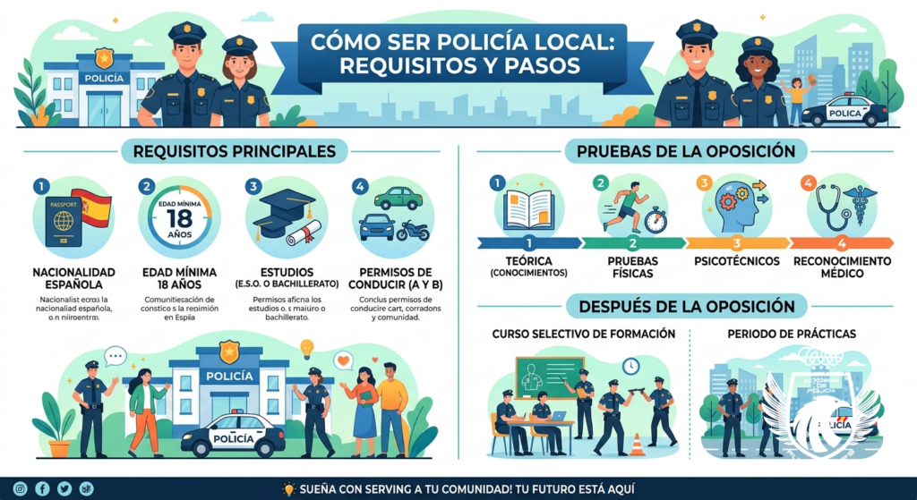 Infografía: Estudiar Policía Local: ¿Qué necesito? Requisitos, estudios...