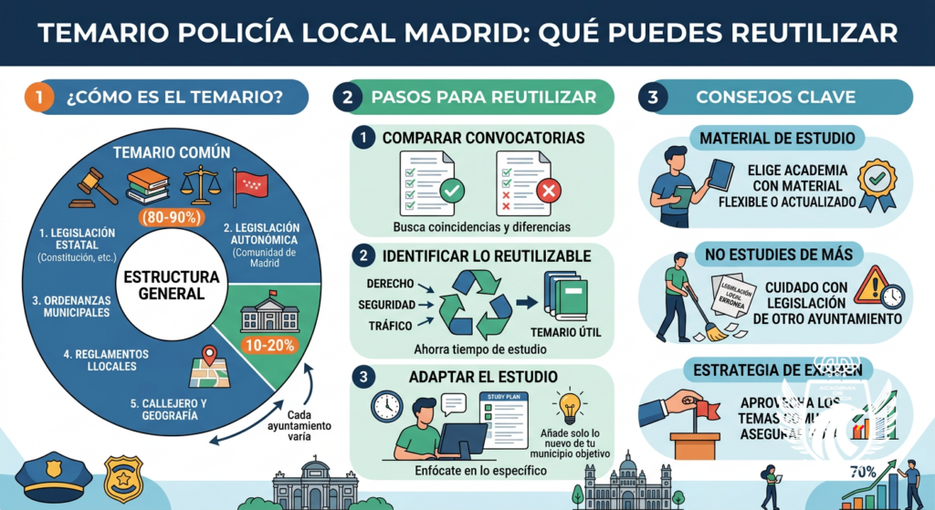 Infografía: Temario Policía Local Madrid: qué puedes reutilizar